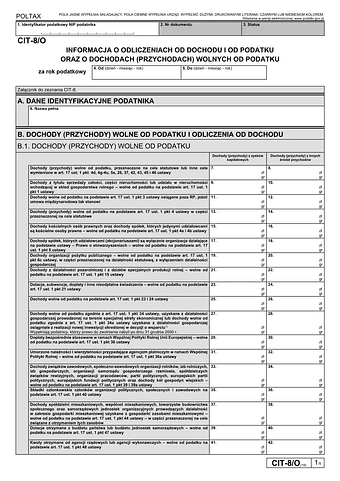CIT-8/O Informacja o odliczeniach od dochodu i od podatku oraz o dochodach wolnych i zwolnionych od podatku