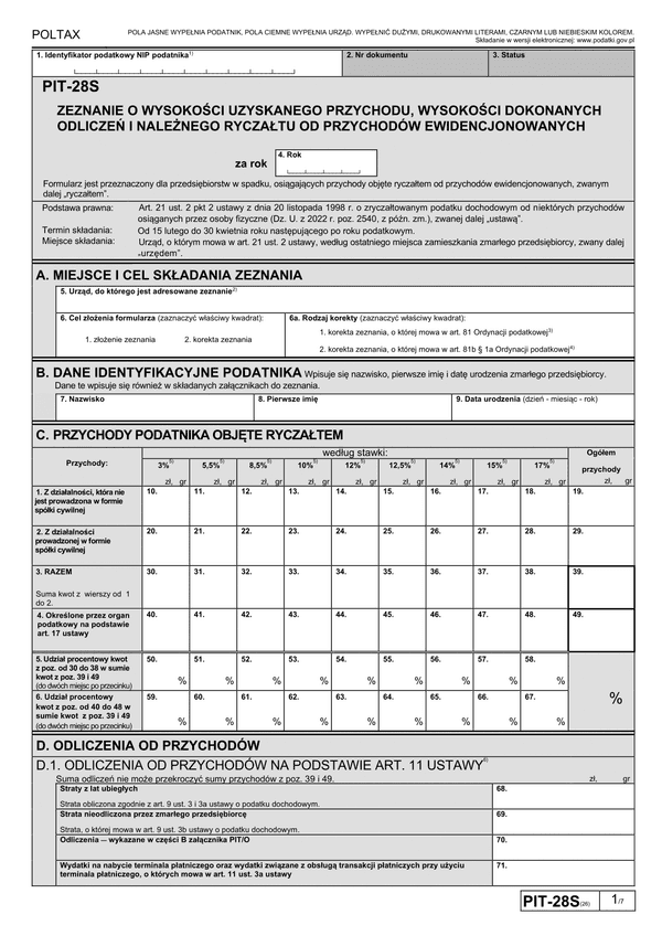 PIT-28S (26) (2023) Zeznanie o wysokości uzyskanego przychodu, wysokości dokonanych odliczeń i należnego ryczałtu od przychodów ewidencjonowanych za 2023