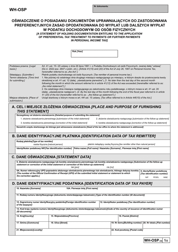 WH-OSP (3) (archiwalny) Oświadczenie płatnika podatku dochodowego od osób fizycznych