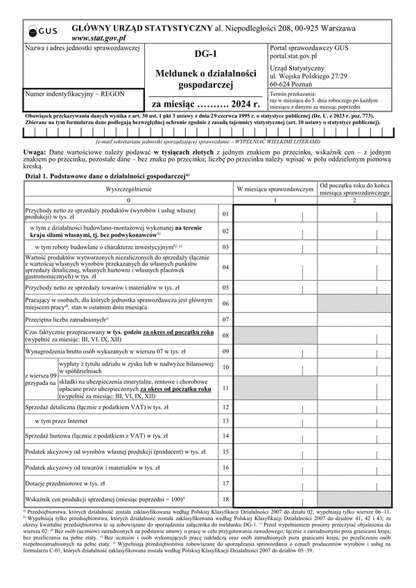 GUS DG-1 (2024) Meldunek o działalności gospodarczej