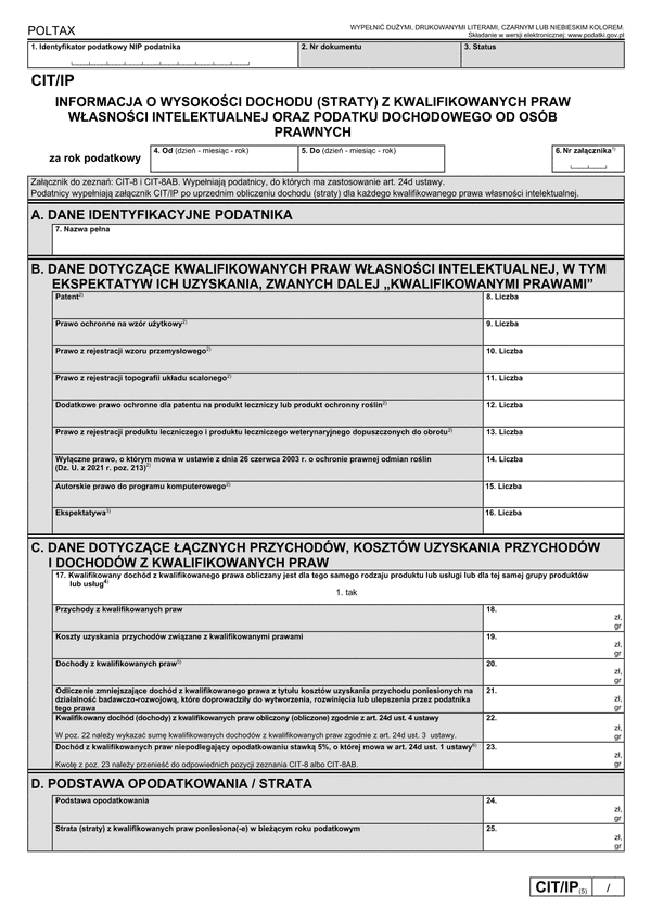 CIT/IP (5) Informacja o wysokości dochodu (poniesionej straty) z kwalifikowanych praw własności intelektualnej