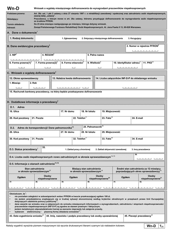 PFRON Wn-D (od I 2015) (archiwalny) Wniosek o wypłatę miesięcznego dofinansowania do wynagrodzeń pracowników niepełnosprawnych