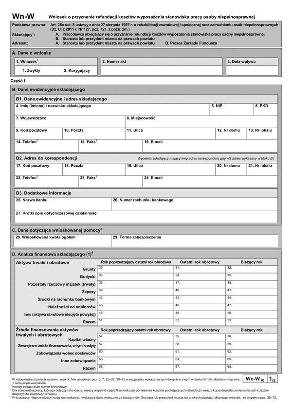 PFRON Wn-W (I) (od I 2015) Wniosek o przyznanie refundacji kosztów wyposażenia stanowiska pracy osoby niepełnosprawnej