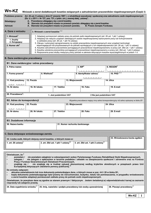 PFRON WN-KZ(I) (od I 2015)  Wniosek o zwrot dodatkowych kosztów związanych z zatrudnianiem pracowników niepełnosprawnych (część I)