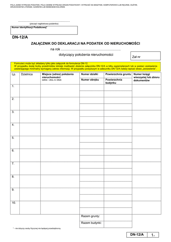 DN-12/A (archiwalny) Załącznik do deklaracji na podatek od nieruchomości - Warszawa