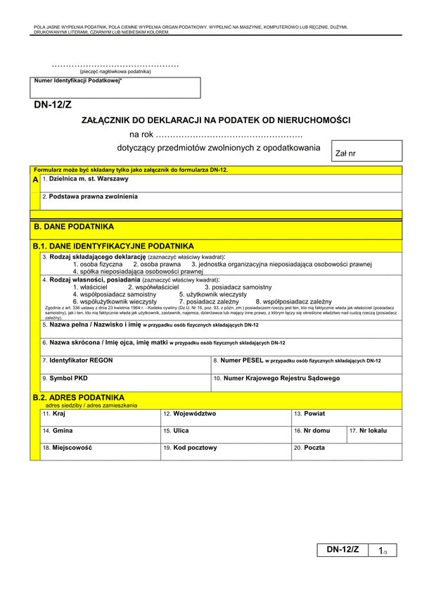 DN-12/Z (archiwalny) Załącznik do deklaracji na podatek od nieruchomości - Warszawa
