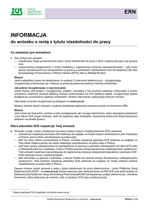 ZUS ERN Inf Informacja do wniosku o rentę z tytułu niezdolności do pracy