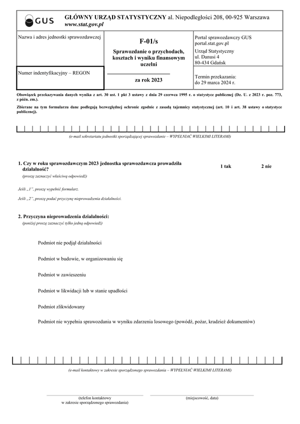GUS F-01/s (2023) Sprawozdanie o przychodach, kosztach i wyniku finansowym szkół wyższych za rok 2023