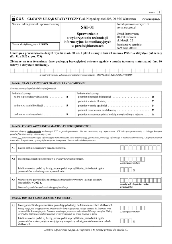 GUS SSI-01 (2024) Sprawozdanie o wykorzystaniu technologii informacyjno-telekomunikacyjnych w przedsiębiorstwach