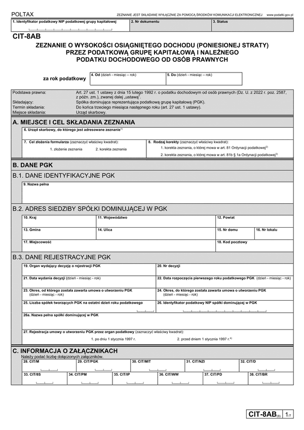 CIT-8AB (8) Zeznanie o wysokości osiągniętego dochodu (poniesionej straty) przez podatkową grupę kapitałową - podatnika podatku dochodowego od osób prawnych