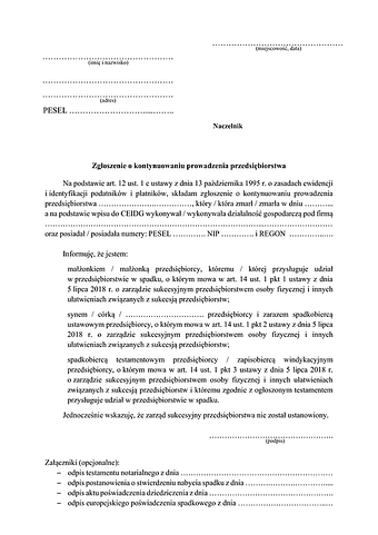 ZKPP Zgłoszenie o kontynuowaniu prowadzenia przedsiębiorstwa