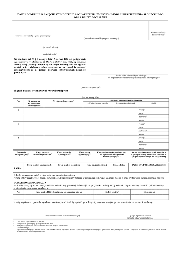 ZoZSzZ Zawiadomienie o zajęciu świadczeń z zaopatrzenia emerytalnego i ubezpieczenia społecznego oraz renty socjalnej