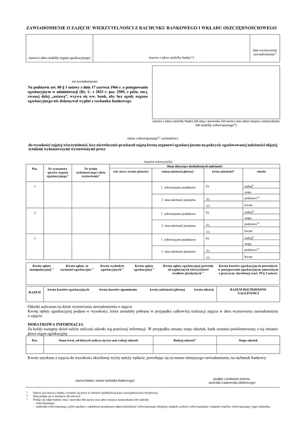 ZoZRB Zawiadomienie o zajęciu wierzytelności z rachunku bankowego i wkładu oszczędnościowego (załącznik nr 3)