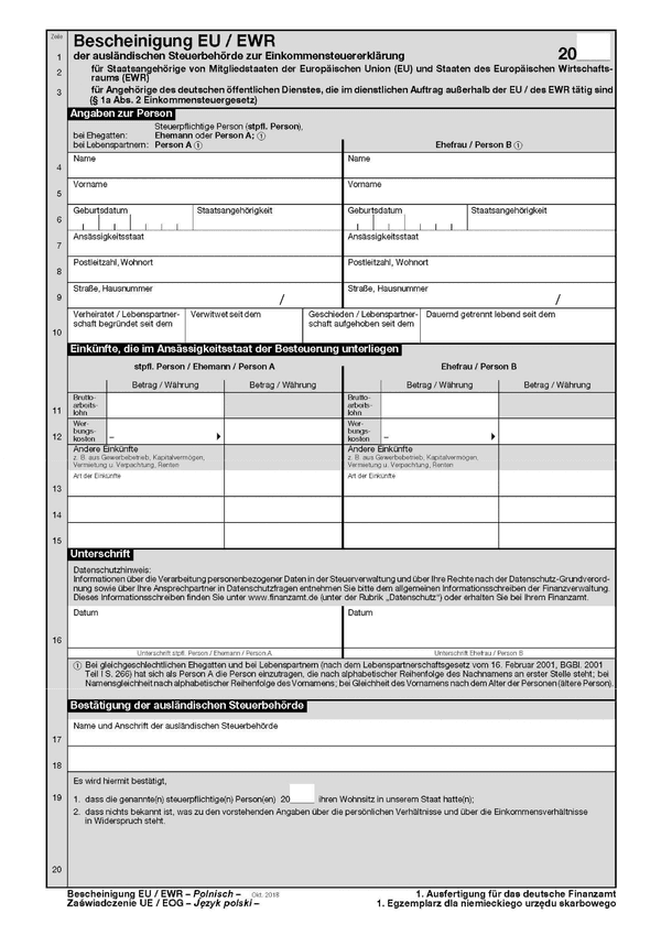 EU/EWR Zaświadczenie / kraje UE / EOG zagranicznego organu podatkowego do zeznania podatkowego dot. podatku dochodowego (wersja dwujęzyczna)