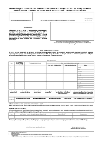 ZoZPIF Zawiadomienie o zajęciu praw z instrumentów finansowych zapisanych na rachunku papierów wartościowych lub innym rachunku oraz z wierzytelności z rachunku pieniężnego