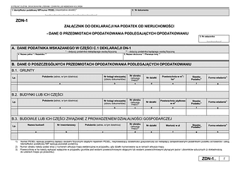 ZDN-1 wersja desktop - Załącznik do deklaracji na podatek od nieruchomości - dane o przedmiotach opodatkowania podlegających opodatkowaniu