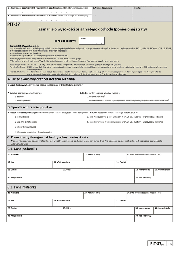 PIT-37 (30) (2024) Zeznanie o wysokości osiągniętego dochodu (lub poniesionej straty) 