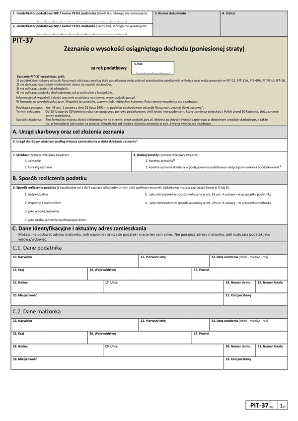  PIT-37 Zeznanie o wysokości osiągniętego dochodu lub poniesionej straty