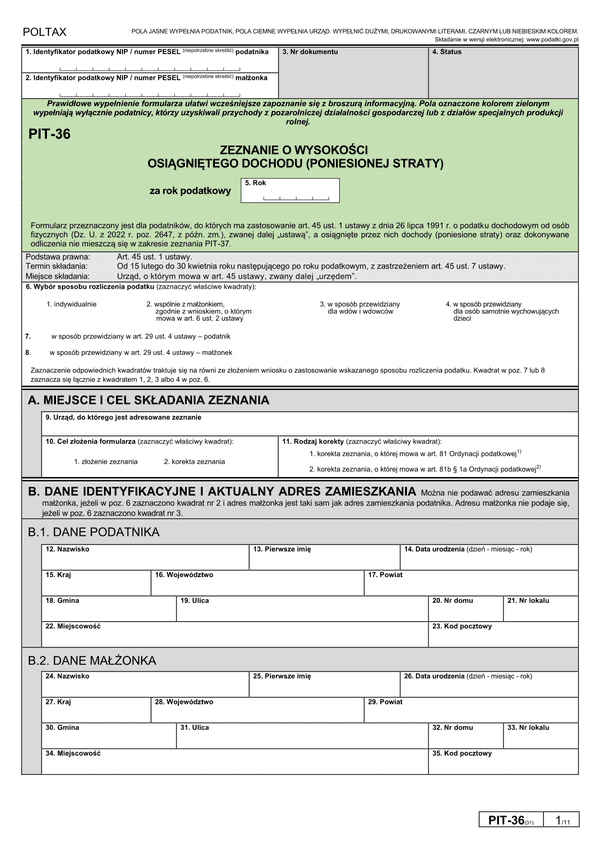  PIT-36 Zeznanie o wysokości osiągniętego dochodu (poniesionej straty)