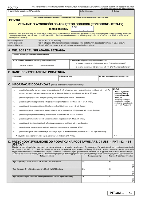 PIT-36L (20) (2024) Zeznanie o wysokości osiągniętego dochodu (poniesionej straty) 