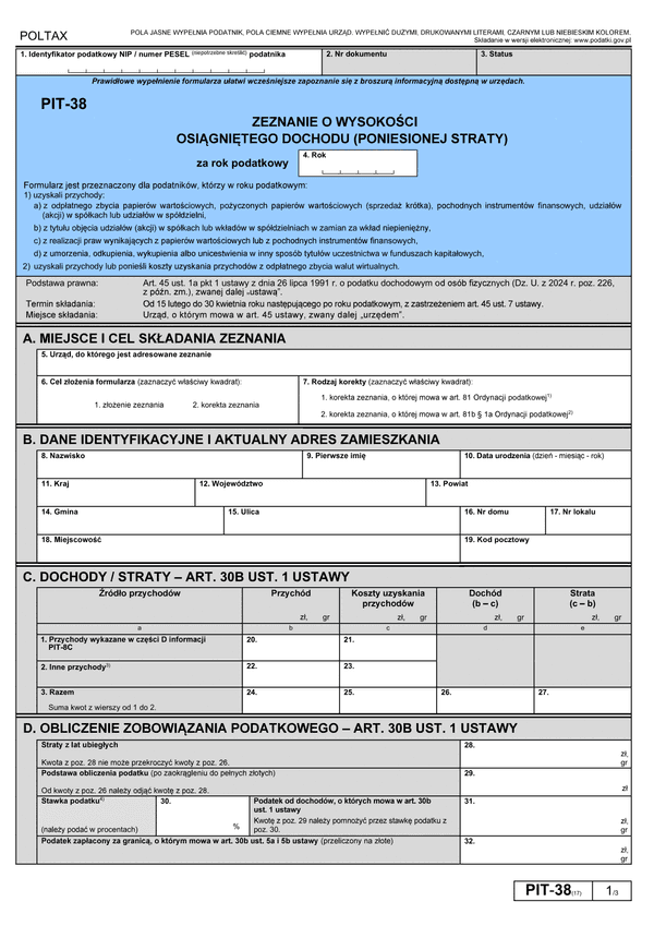 PIT-38 (17) (2024) Zeznanie o wysokości osiągniętego dochodu (poniesionej straty)