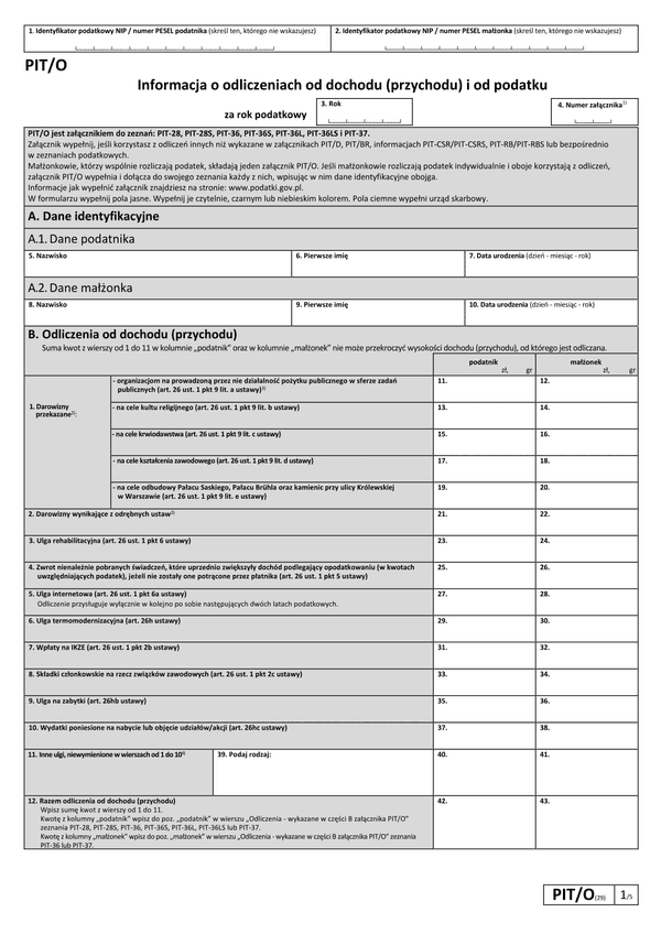 PIT/O (29) (2024) Informacja o odliczeniach od dochodu (przychodu) i od podatku w roku podatkowym