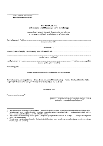 ZoUKKZ Zaświadczenie o ukończeniu kwalifikacyjnego kursu zawodowego
