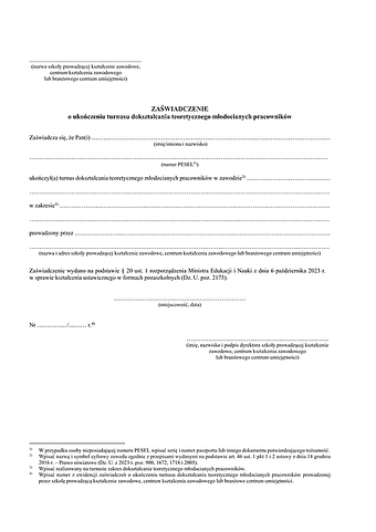 ZoUKDT Zaświadczenie o ukończeniu dokształcania teoretycznego młodocianych pracowników