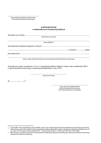 ZoUKKO Zaświadczenie o ukończeniu kursu kompetencji ogólnych