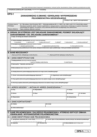 OPS-1 (3) Zawiadomienie o odwołaniu/wypowiedzeniu/zmianie pełnomocnictwa szczególnego