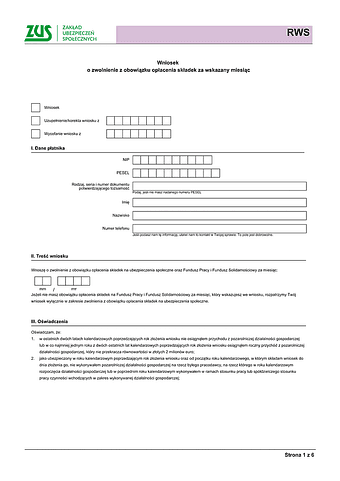 ZUS RWS Wniosek o zwolnienie z obowiązku opłacenia składek za wskazany miesiąc
