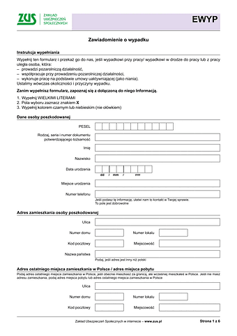ZUS EWYP Zawiadomienie o wypadku