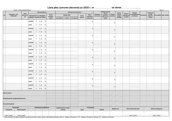 Lista płac - wynagrodzenie z tytułu umowy zlecenie