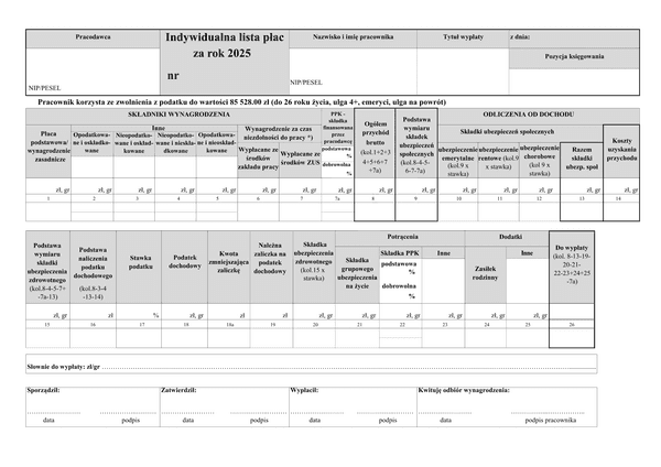 Indywidualna lista płac (umowa o pracę)