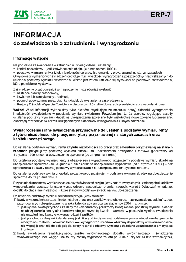 ZUS ERP-7 Inf Informacja do zaświadczenia o zatrudnieniu i wynagrodzeniu