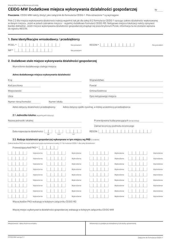 CEIDG-MW (3.1) Dodatkowe miejsca wykonywania działalności gospodarczej