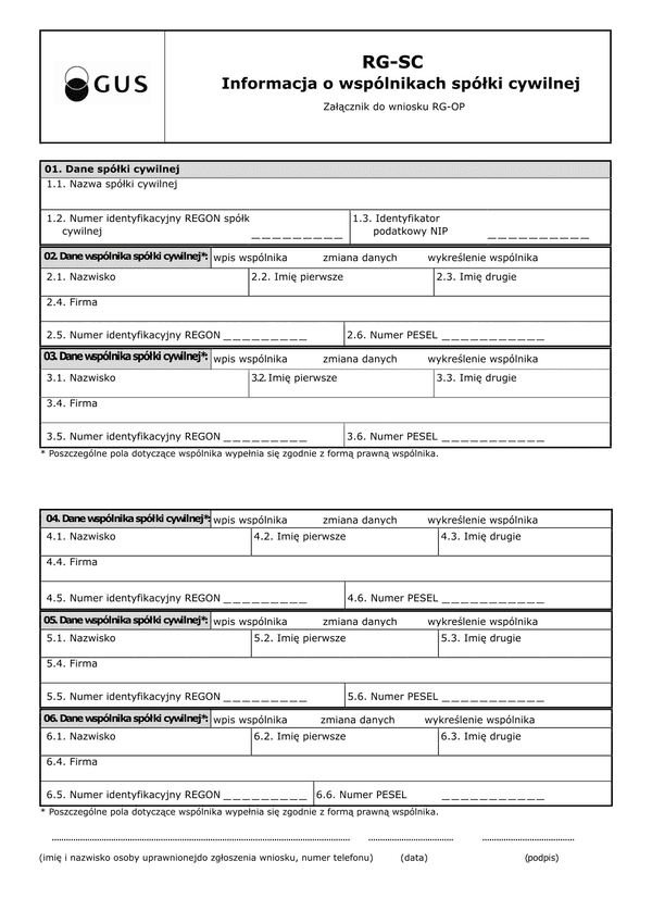 GUS RG-SC Informacja o wspólnikach spółki cywilnej