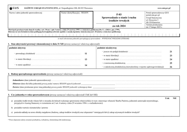 GUS F-03  Sprawozdanie o stanie i ruchu środków trwałych za rok 2024