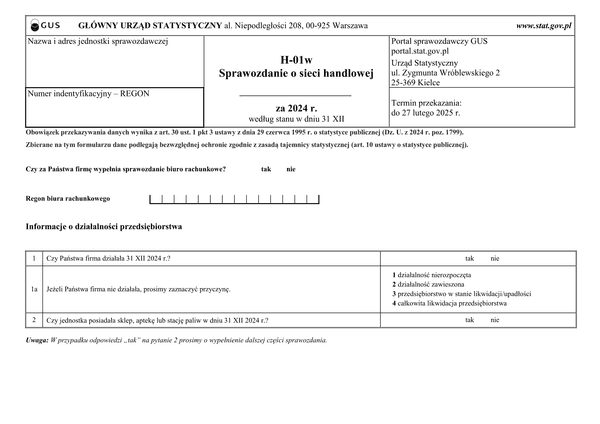 GUS H-01w (2024) Sprawozdanie o sieci handlowej według stanu w dniu 31 XII 2024 r.