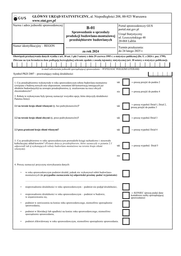 GUS B-01 (2024) Sprawozdanie o sprzedaży produkcji budowlano-montażowej przedsiębiorstw budowlanych za rok 2024