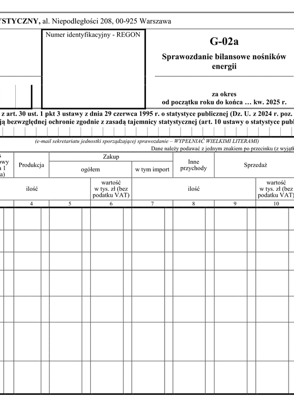 GUS G-02a (2025) Sprawozdanie bilansowe nośników energii