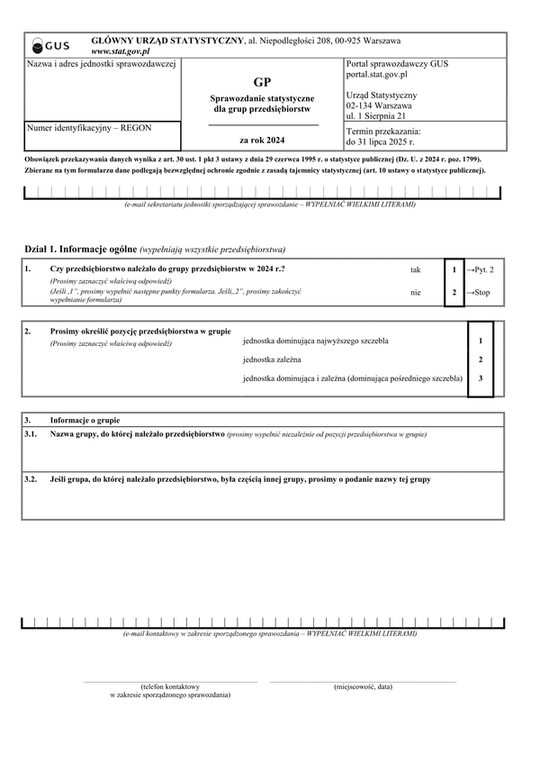 GUS GP (2024) Sprawozdanie statystyczne dla grup przedsiębiorstw za rok 2024