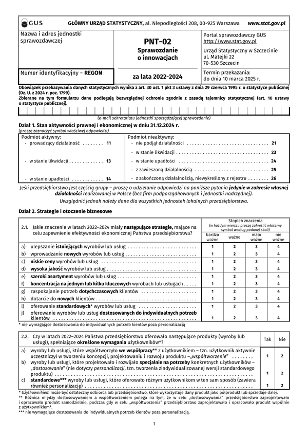 GUS PNT-02 (2022-2024) Sprawozdanie o innowacjach w przemyśle za lata 2022–2024