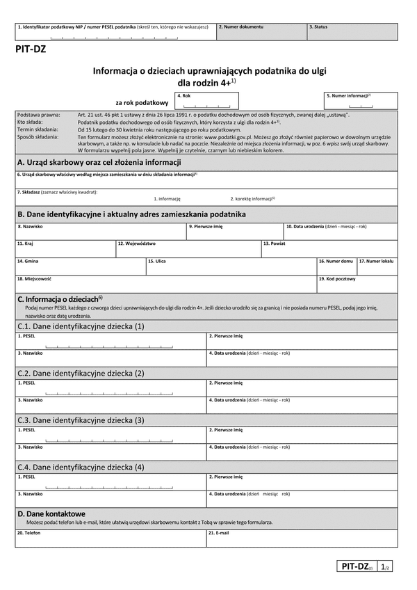 PIT-DZ (2) (2024) Informacja o dzieciach uprawniających podatnika do ulgi dla rodzin 4+