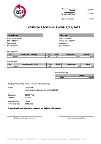 FKORR Korekta faktury bez VAT (rachunek) (zgodna z KSeF)