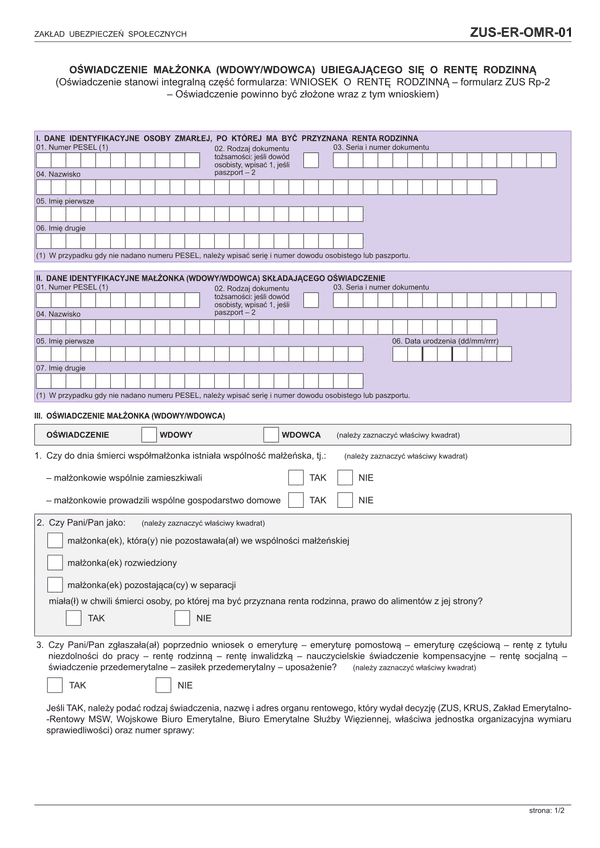 ZUS-ER-OMR-01 (archiwalny) Oświadczenie małżonka (wdowy/wdowca) ubiegającego się o rentę rodzinną