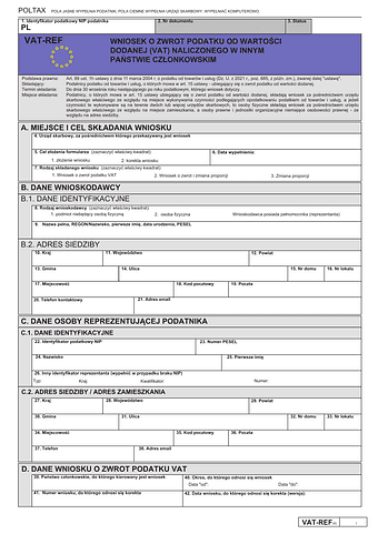VAT-REF Wniosek o zwrot podatku od wartości dodanej (VAT) naliczonego w innym państwie członkowskim