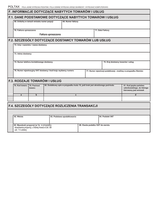 Załącznik F do VAT-REF (6) wniosku o zwrot podatku VAT