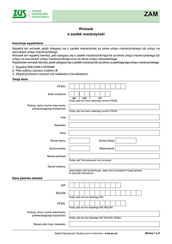 ZUS ZAM Wniosek o zasiłek macierzyński