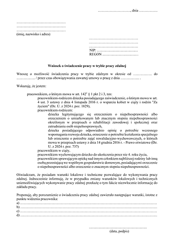 Wniosek o świadczenie pracy w trybie pracy zdalnej